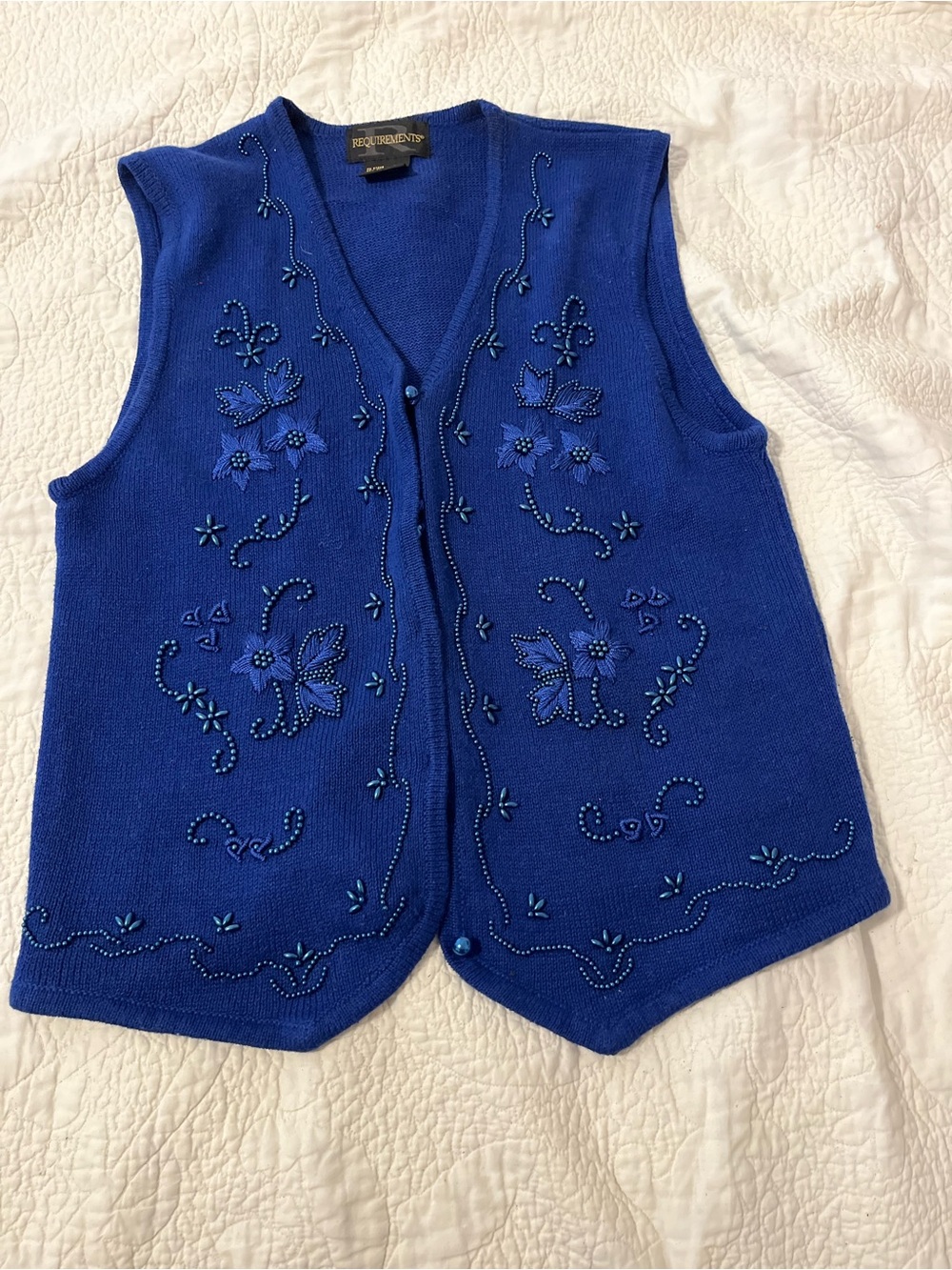 Requirements Blue Christmas Floral Beaded Embroidered V-Neck Knit Sweater Vest M